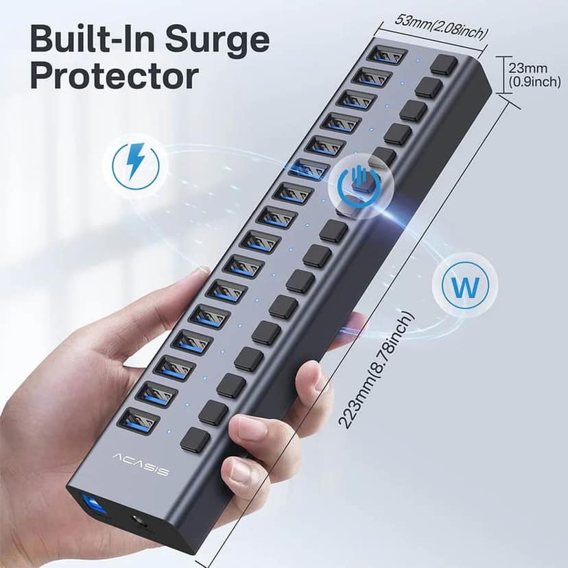 ACASIS USB 3.0 Hub Super Speed Splitter,16 Ports USB Data Hub with Power Adapter, Individual On/Off Switches and Lights for Laptop, PC,Desktop view 6