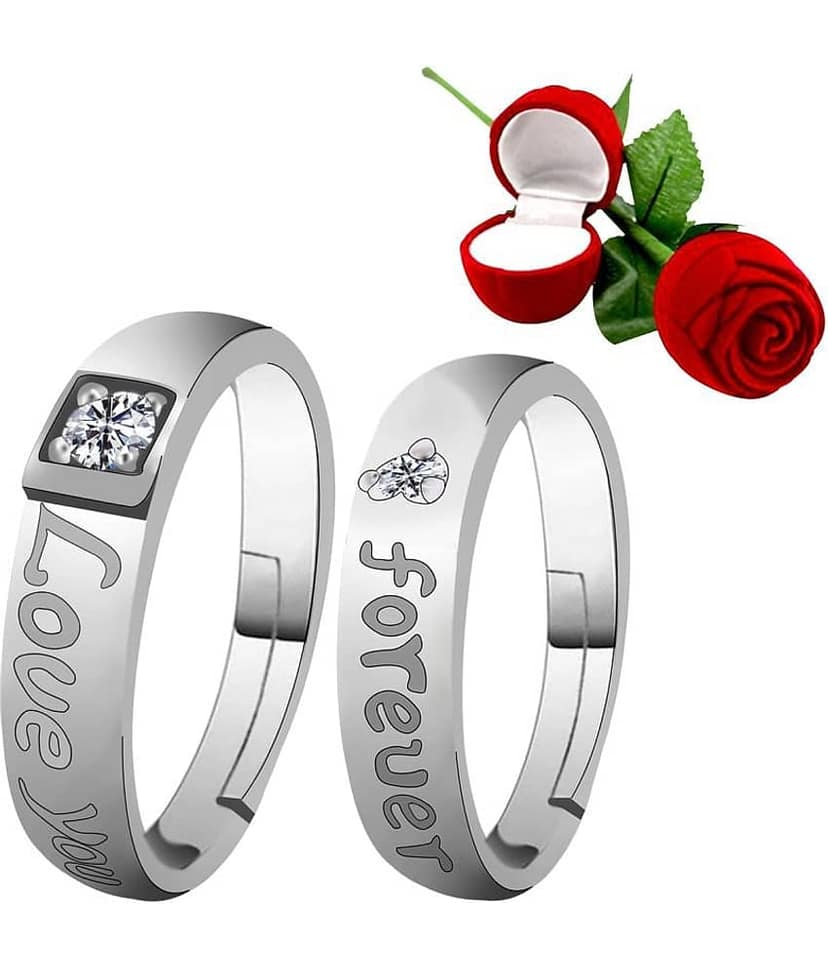 SILVERSHINE Silverplated Elegant LOVE Solitaire His and Her Adjustable proposal Diamond couple ring For Men And Women Jewellery
