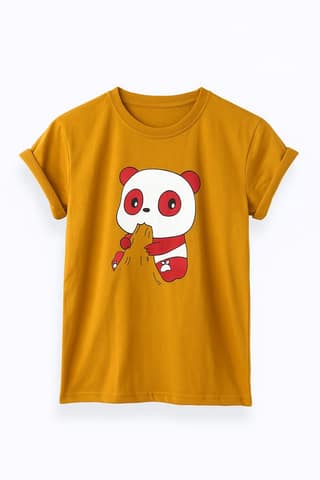 Trendy Mustard Yellow Panda Print Cotton T-Shirt | Unisex Casual Graphic Tee