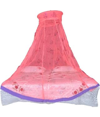 Riddhi Mosquito Net, Machardani Pink Polyester Round Printed Mosquito Net, Machardani With Border