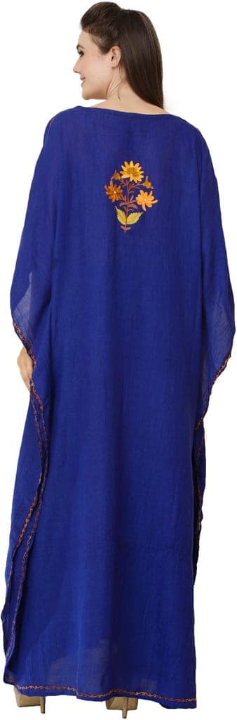 Lapis-Blue Crushed Kashmiri Kaftan with Aari Embroidered Multicolored Flowers view 3