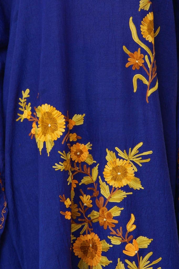 Lapis-Blue Crushed Kashmiri Kaftan with Aari Embroidered Multicolored Flowers view 4