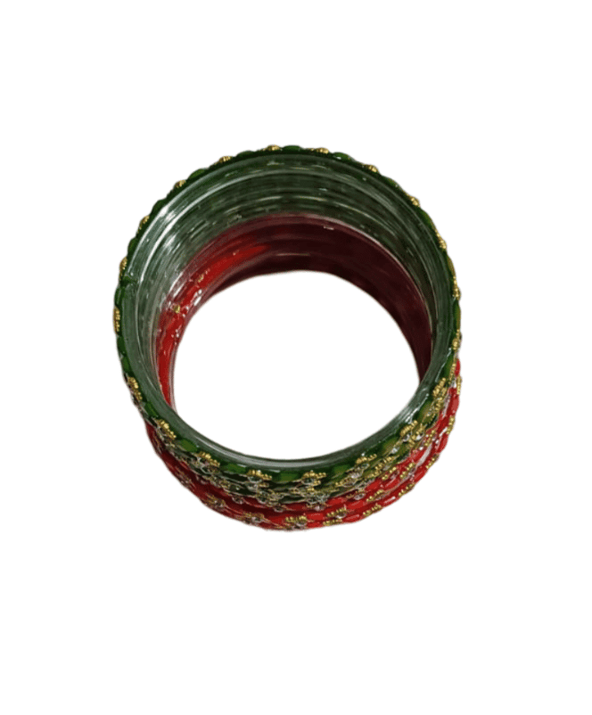 Set of 12 Glass Bangles with Rhinestone Accents in Green and Red view 3