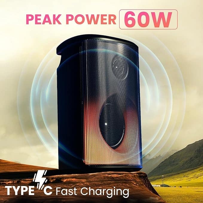 Portronics Dash 8 60W Bluetooth Party Speaker with Bass Boost Technology, Upto 6 Hours Playtime, Wired Karaoke Mic, TWS Mode, USB, AUX in, BT 5.3v, Full Screen LED Effect, Type C Charging view 2