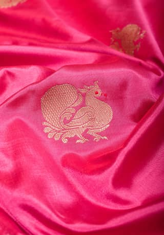 Peacock Butta Shikaargah Banarasi Saree in Pink Dual Tone and Red | Silk Mark Certified