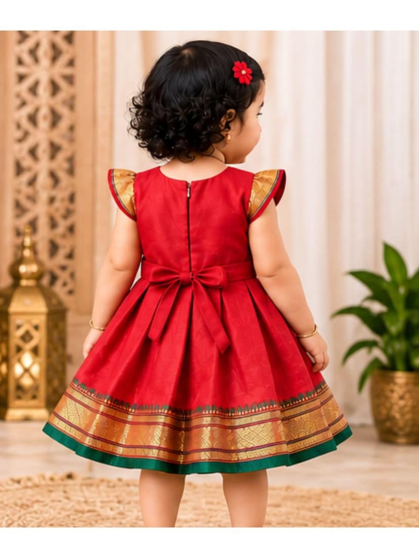 Mom and Me Baby Girls' Black Acrylic Cotton Dress Traditional Elegant Frock for 0-5 Years| Perfect for Festivals Family Gatherings, Celebrations (in, Age, 18 Months, 24 Months, Regular, Red) view 2