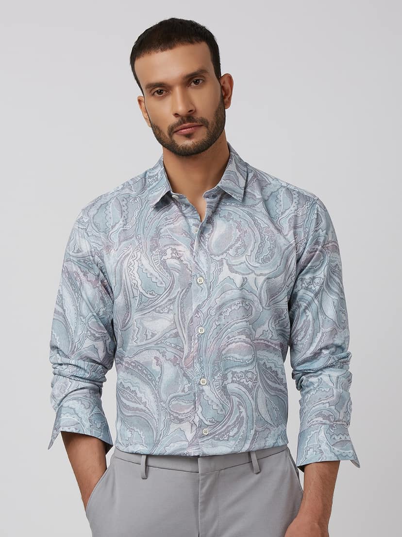 Grey Paisley Print Slim Fit Casual Shirt