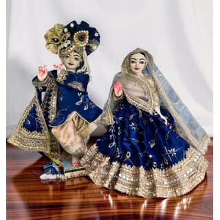 Royal Blue Yugal Sarkar Poshak with Heavy Gold Embroidery l Iskcon Radha Krishna dress