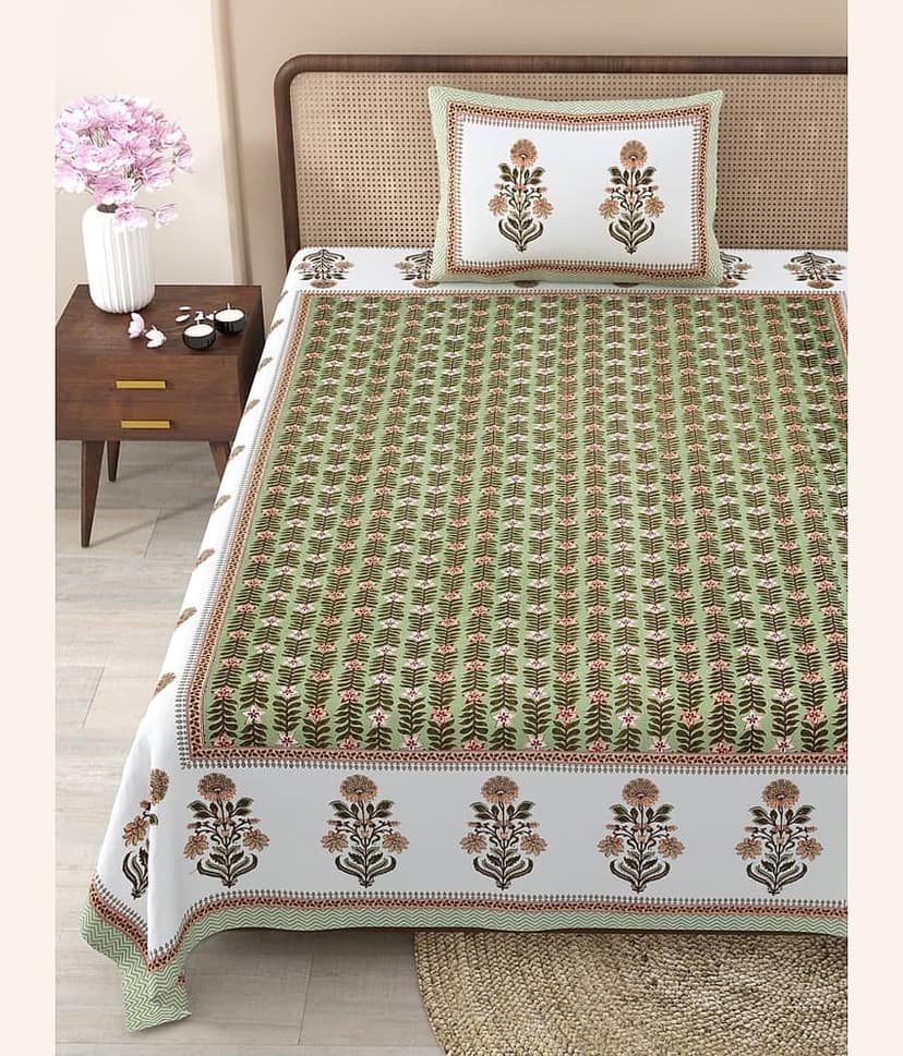 Shubastik Cotton 1 Single Bedsheet with 1 Pillow Cover ( Green ) view 2