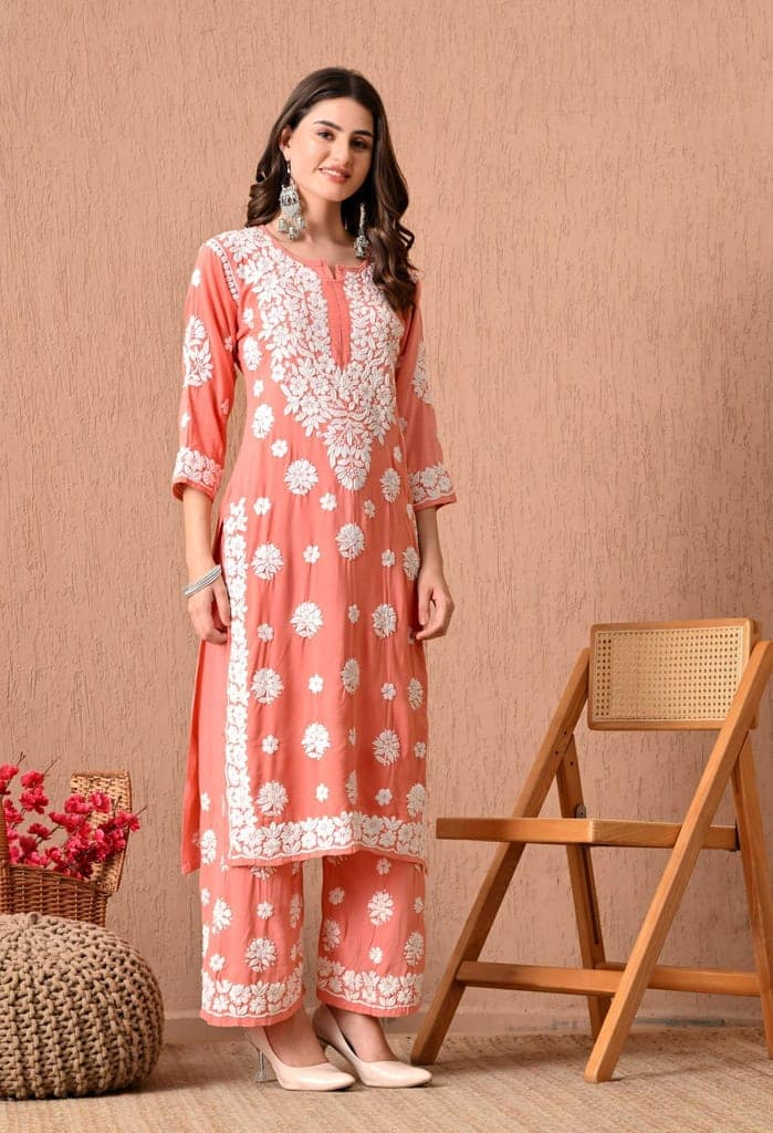 Hand Embroidered Chikankari Plazo Set 3d Work- Peach view 5