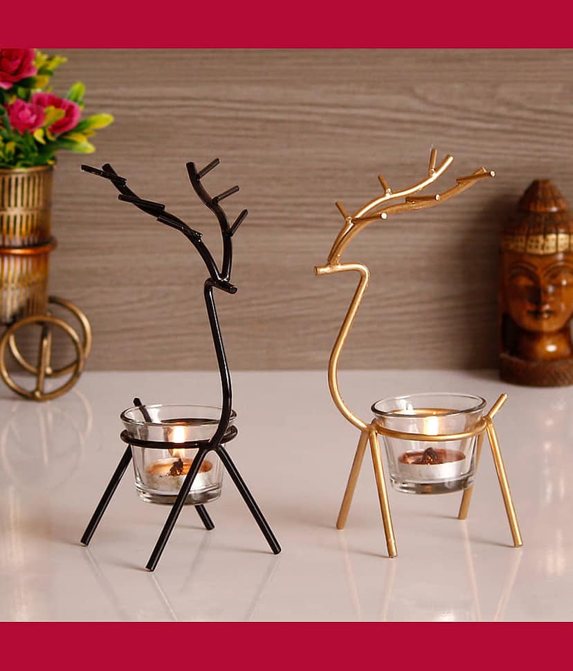 eCraftIndia Set of 2 Black & Gold-Toned Solid Deer Shape Decorative Handcrafted Metal Tea Light Holder view 2