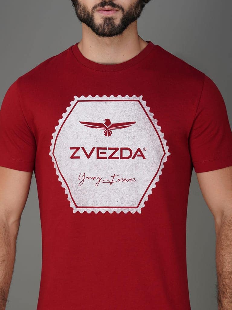 Premium Single Jersey Cotton Branded Round Neck Tee-Dark Red view 3