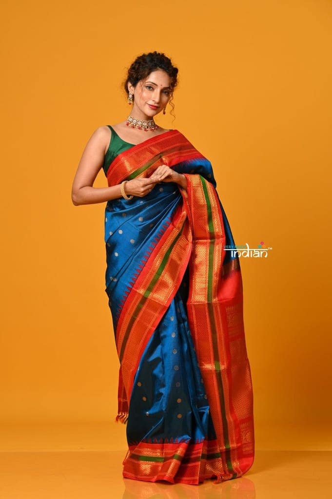 Param Sundari ~ Gadwal Pure Silk Handloom Saree in Peacock Blue with Red Border