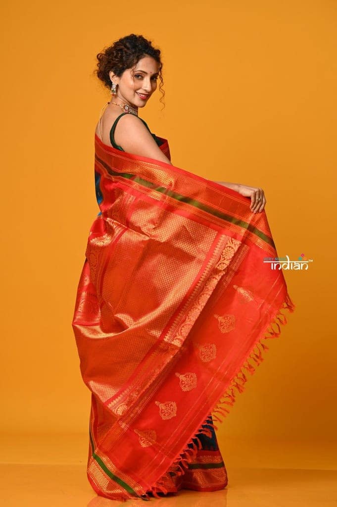 Param Sundari ~ Gadwal Pure Silk Handloom Saree in Peacock Blue with Red Border view 3