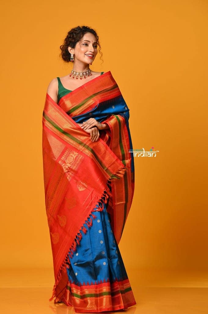 Param Sundari ~ Gadwal Pure Silk Handloom Saree in Peacock Blue with Red Border view 4