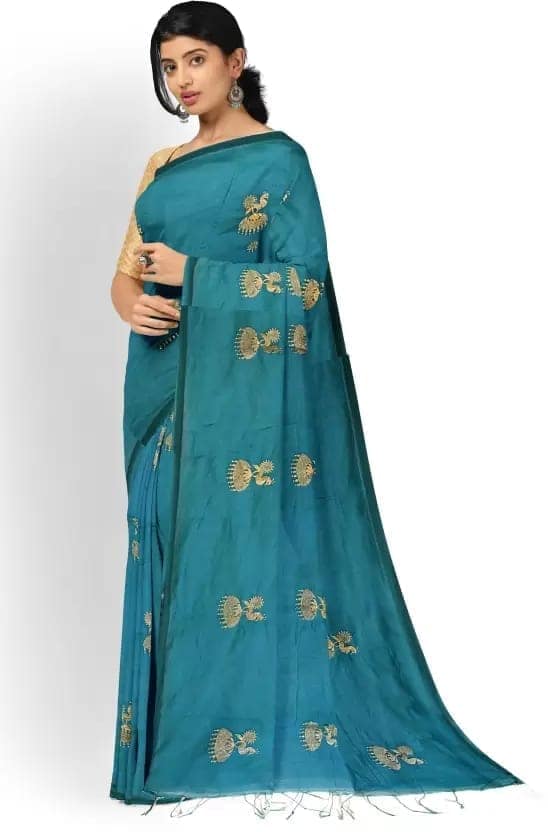 GitAsit Embroidered Handloom Cotton Blend Saree (Light Blue)