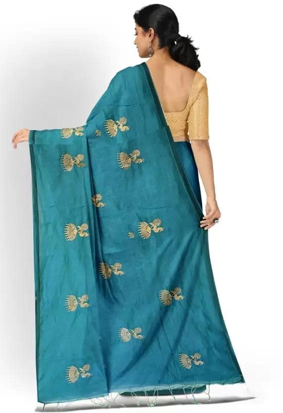 GitAsit Embroidered Handloom Cotton Blend Saree (Light Blue) view 2