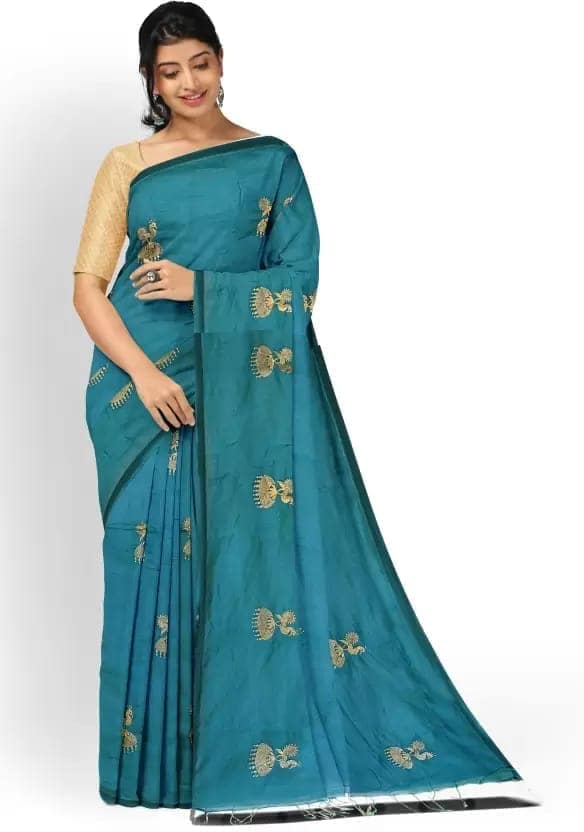 GitAsit Embroidered Handloom Cotton Blend Saree (Light Blue) view 4