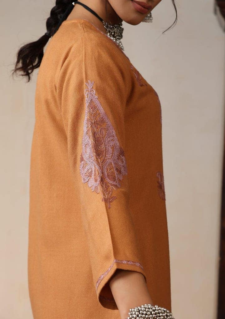 HOC Crafts Aari Embroidered Woollen Solid Women's Long Kurta - Rust view 6