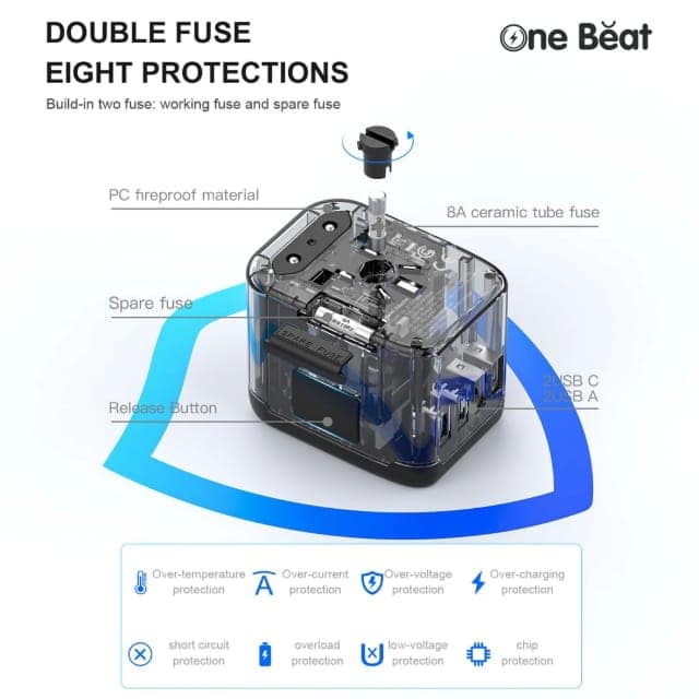 One Beat Worldwide Universal Travel Adapter 100V-240V Plug - Worldwide Travel Adapter Compatible in Plugs Used in USA/EU/UK/AU/China/Japan : White (OB-201000-F) view 3
