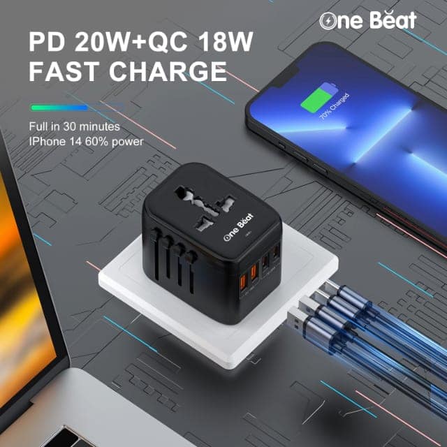 One Beat Worldwide Universal Travel Adapter 100V-240V Plug - Worldwide Travel Adapter Compatible in Plugs Used in USA/EU/UK/AU/China/Japan : White (OB-201000-F) view 6