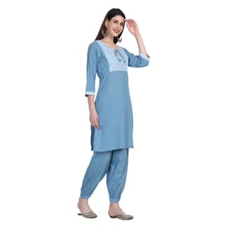 Women Kurti Set with Afghani Salwar, Deep Pocket, Embroidered Patch on Front Cotton