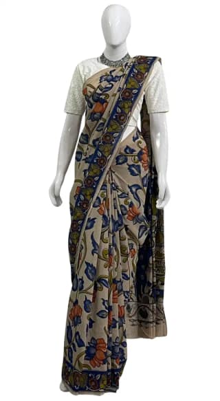 Kalamkari Cotton Saree Cream Indigo Floral Pallu