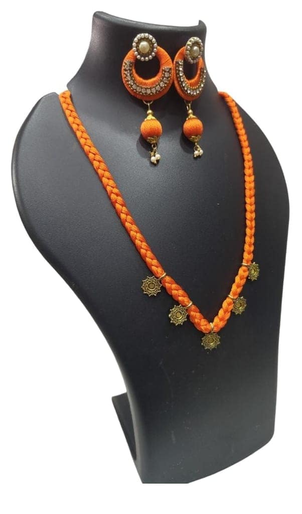 Orange Silk Thread Necklace Set with Earrings for Women view 2