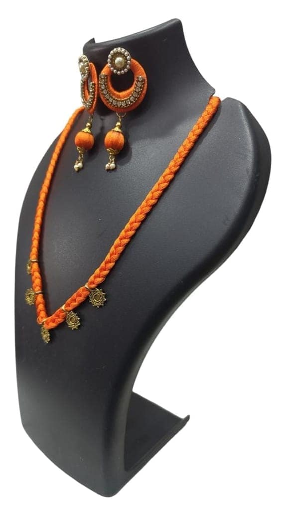Orange Silk Thread Necklace Set with Earrings for Women view 3