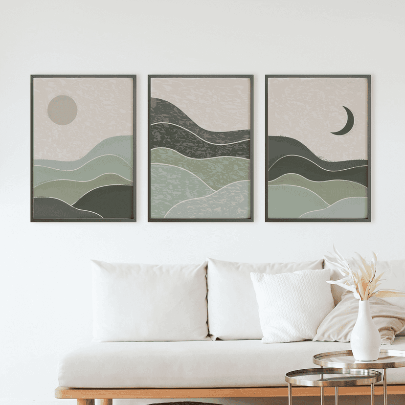 Rustic Charm Set of 3 Abstract Landscape Wall Art for Living room, Office and Hotel | Sun Moon|13 x 18 inches (A3)|Black view 2