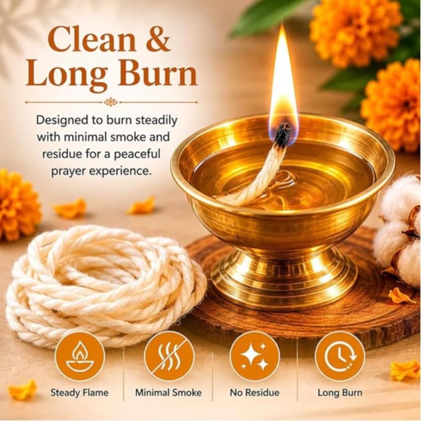 Desi Long Cotton Wicks Diya Batti - White Long Rui for Pooja | Long Lasting Aarti Use | Temple Daily Worship (Pack of 600 Pcs) view 4