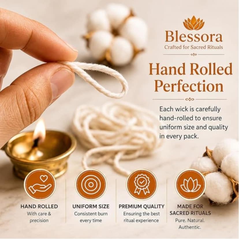Desi Long Cotton Wicks Diya Batti - White Long Rui for Pooja | Long Lasting Aarti Use | Temple Daily Worship (Pack of 600 Pcs) view 5