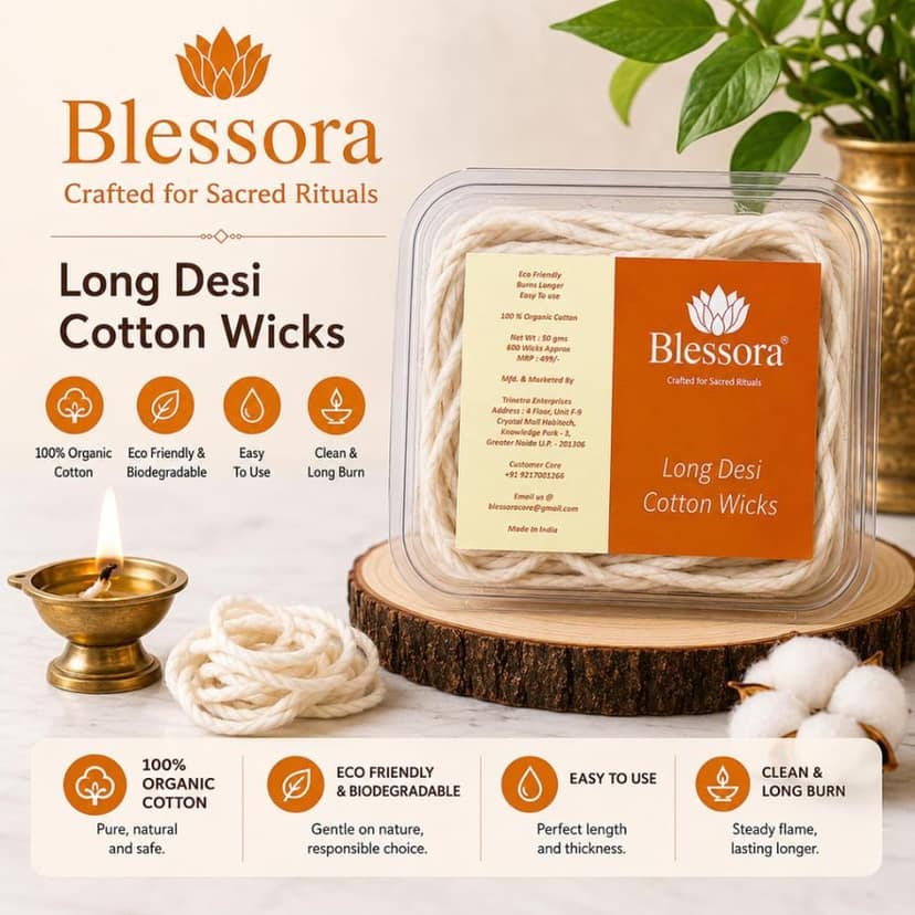 Desi Long Cotton Wicks Diya Batti - White Long Rui for Pooja | Long Lasting Aarti Use | Temple Daily Worship (Pack of 600 Pcs) view 7