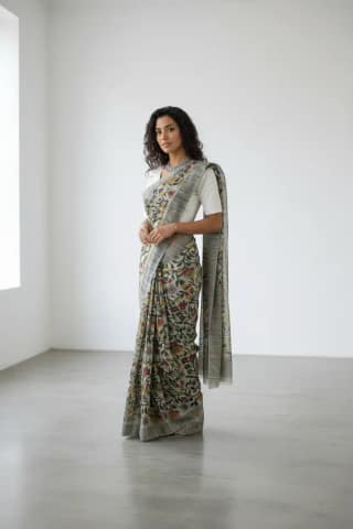 Madhubani Print Cotton Saree Gray Multicolour Floral