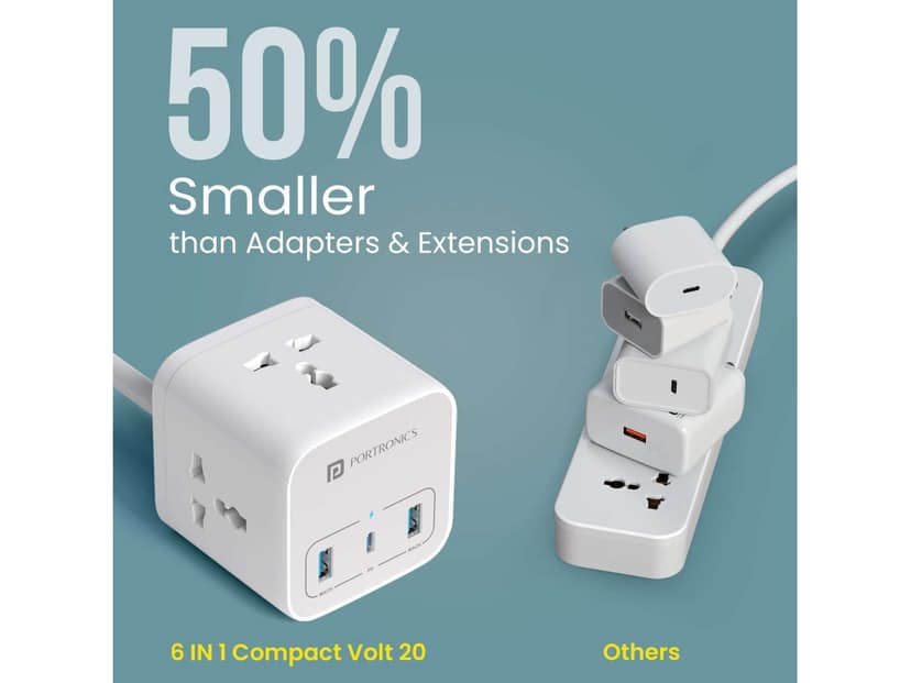 Portronics Volt 20 1 x 20W Type C PD Port, 2 x 18W USB- A Port, 3 x 2500W AC Socket, 3M Copper Cable Length view 2