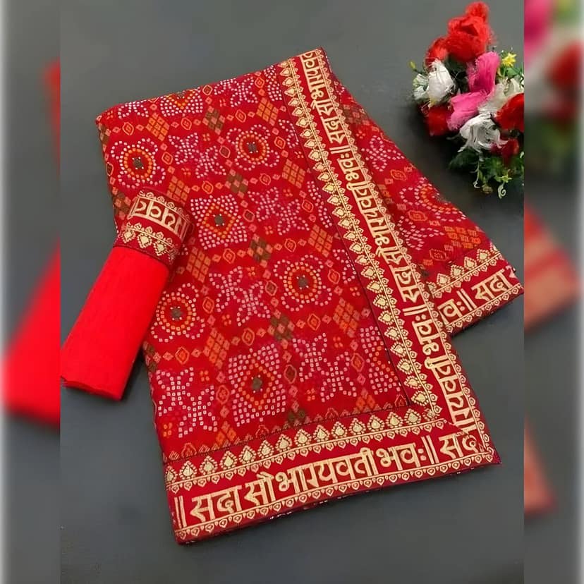 Women's Red Bandhani Print Saree with Saubhagyavati Bhavah Border | Traditional Ethnic Saree with Matching Blouse Piece | Festive & Wedding Wear
