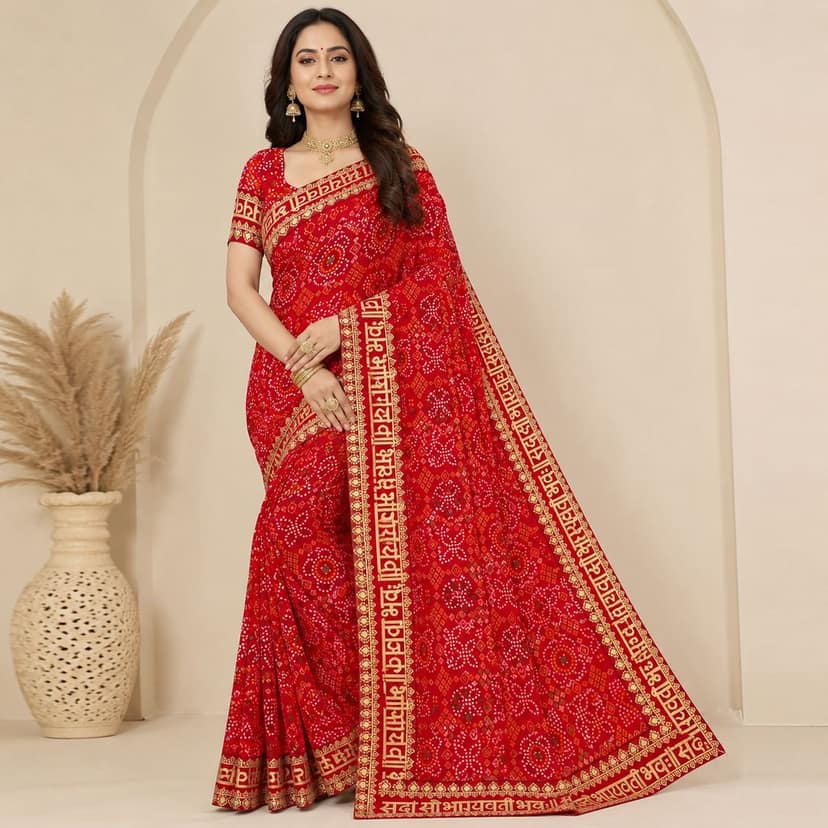 Women's Red Bandhani Print Saree with Saubhagyavati Bhavah Border | Traditional Ethnic Saree with Matching Blouse Piece | Festive & Wedding Wear view 5