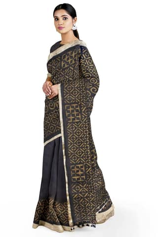 Garvi Gurjari (A Gujarat Govt Enterprise Black Applique Maheshwari Handstitched Cotton Silk Saree(GGCFSAWS09)