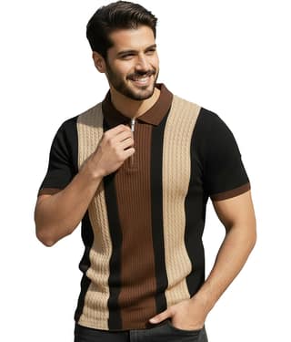 AOOSH Men Cotton Blend Regular Fit Striped Polo T Shirt ( Beige )