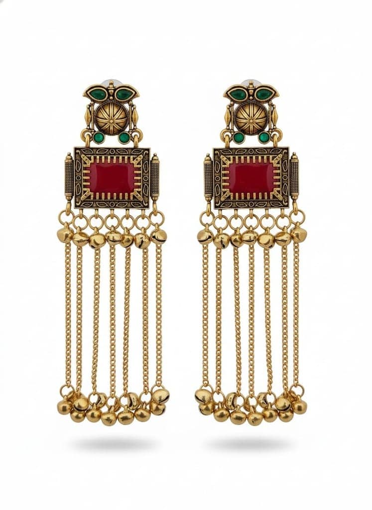 Gold Plated - Traditional Jhumka Earrings for Women | Antique Temple Design Long Dangler Earrings