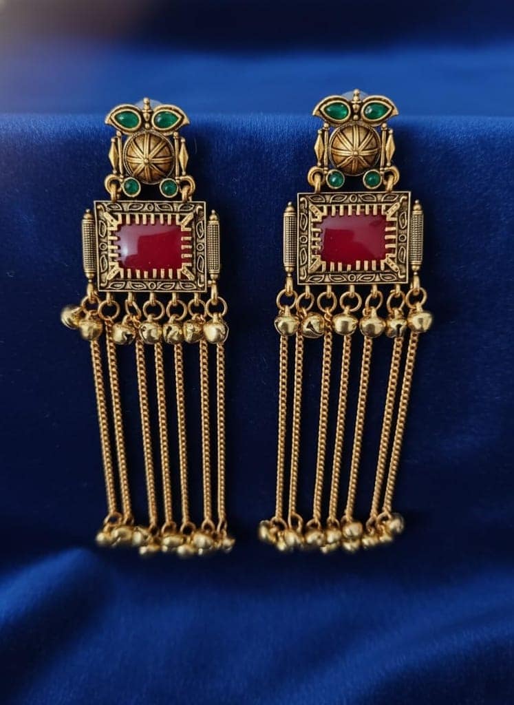Gold Plated - Traditional Jhumka Earrings for Women | Antique Temple Design Long Dangler Earrings view 5
