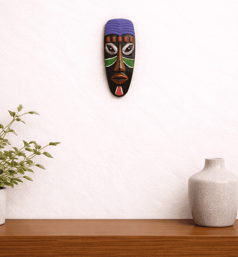 Hand-Carved & Hand-Painted Wooden Tribal Face Mask Wall Hanging (Small Size)