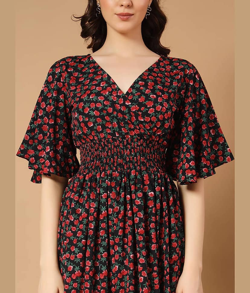 ZWERLON Women Crepe Printed Fit & Flare Dress ( Red ) view 2