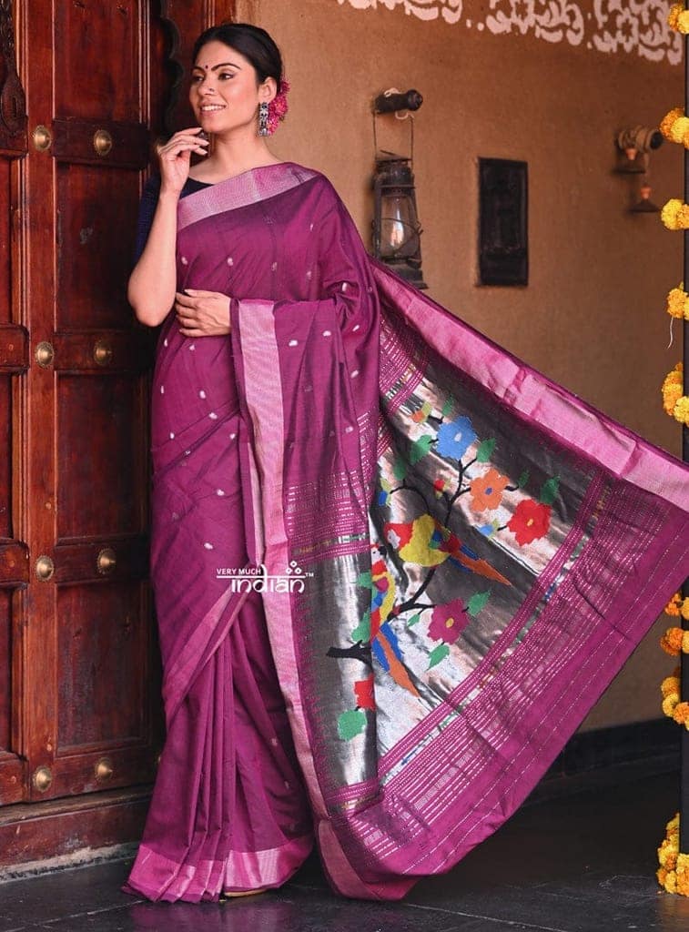 Dhun ~ Exclusive Siver Zari - Authentic Handloom Cotton Paithani in Wine Color with Silver Zari and Parrots Pallu
