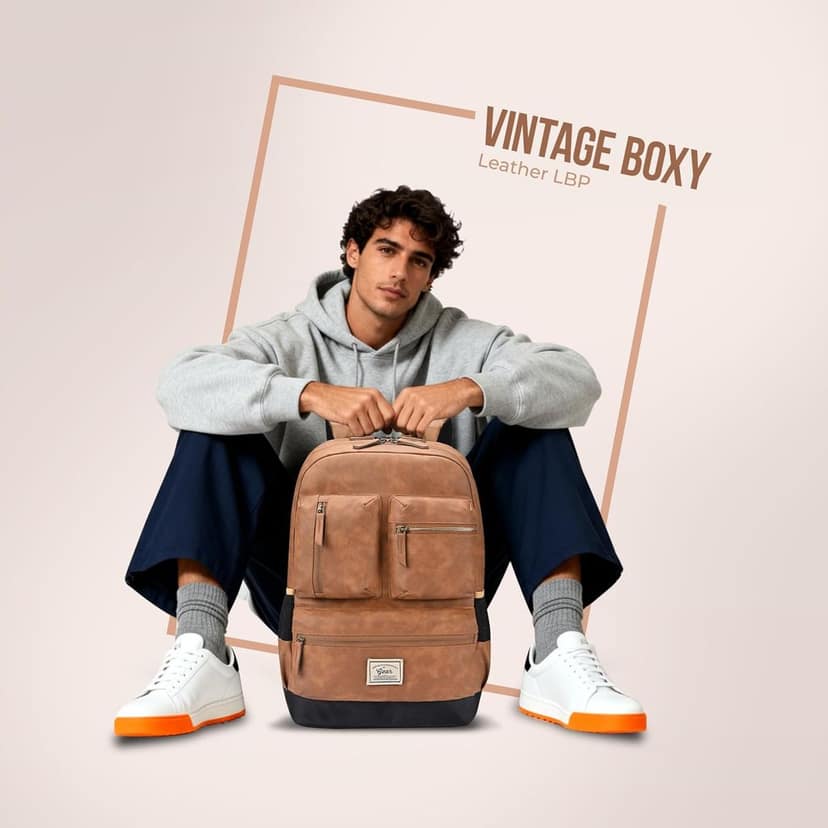 Vintage Boxy 18"/26L Medium Faux Leather Water Resistant Laptop Backpack/Casual Bag/Daypack/College Backpack/Travel Backpack For Men/Women (Tan - Navy) view 2