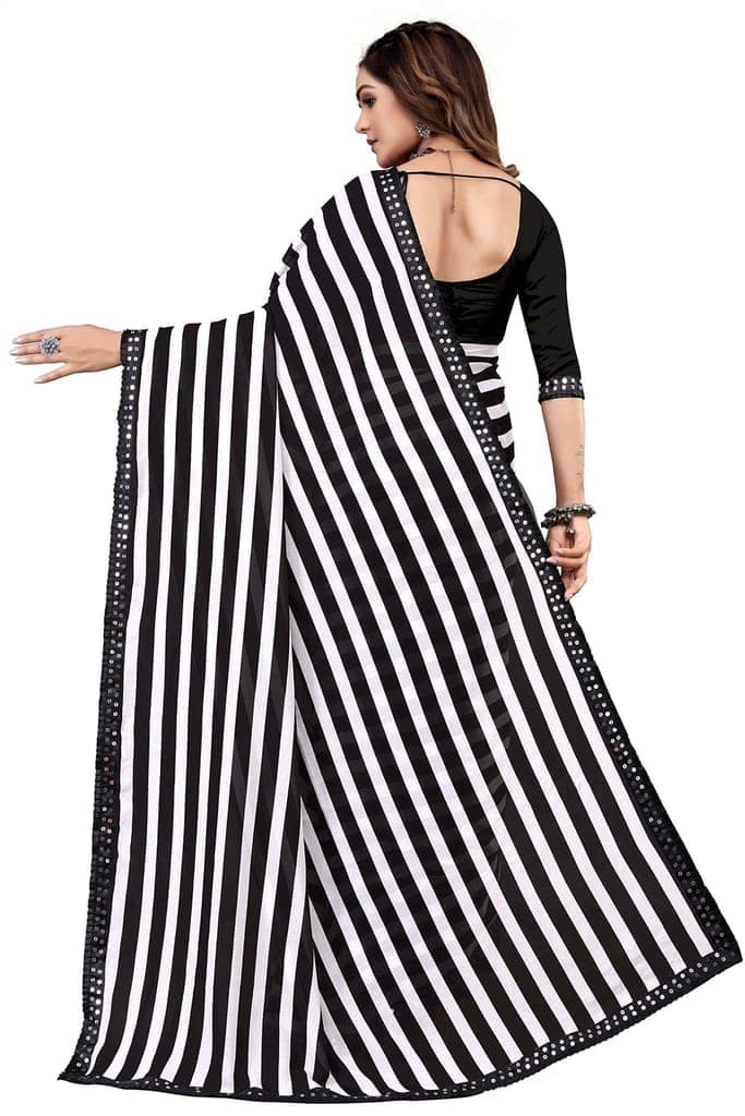 Dream Crushers Women's Georgette Black & White Zebra style Printed Lining Pattern with Sequence Lace Border with Blouse Piece view 2