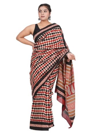 Bagru Handblock Printed Cotton Saree With Blouse - (1TTXSARRJ17106-16)