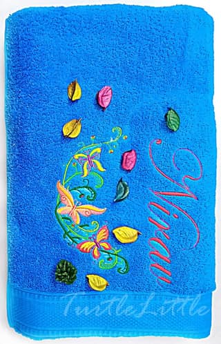TurtleLittle, 100% Cotton, Floral Butterfly Personalised Adult Bath Towel, 600 GSM (Set of 1, Blue)