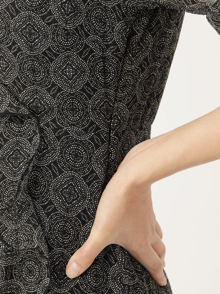 Ethnic Motifs Printed Puff Sleeve Ruffled Chiffon A-Line Midi Dress view 5