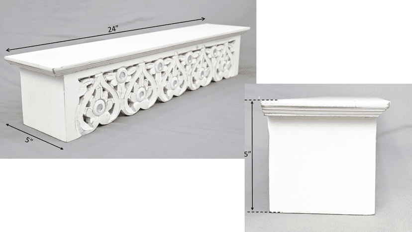 Wooden Craft Hand Carved and Painted Antique Solid Wood Flower Jali Design Wall Mounted Floating Shelf Wooden Wall Brackets Shelves (White Wash) view 2
